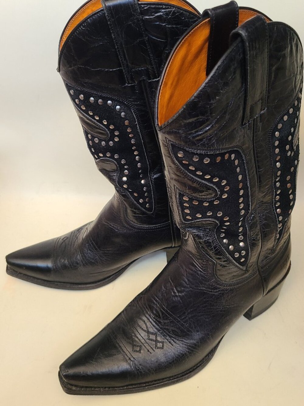 Vtg Y2K Frye Black Leather Studded Billy Cowboy Boots 8 B Snip Toe Daisy Dukes